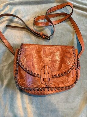 Patricia Nash Tan Embossed Leather Crossbody with Whipstitch Trim